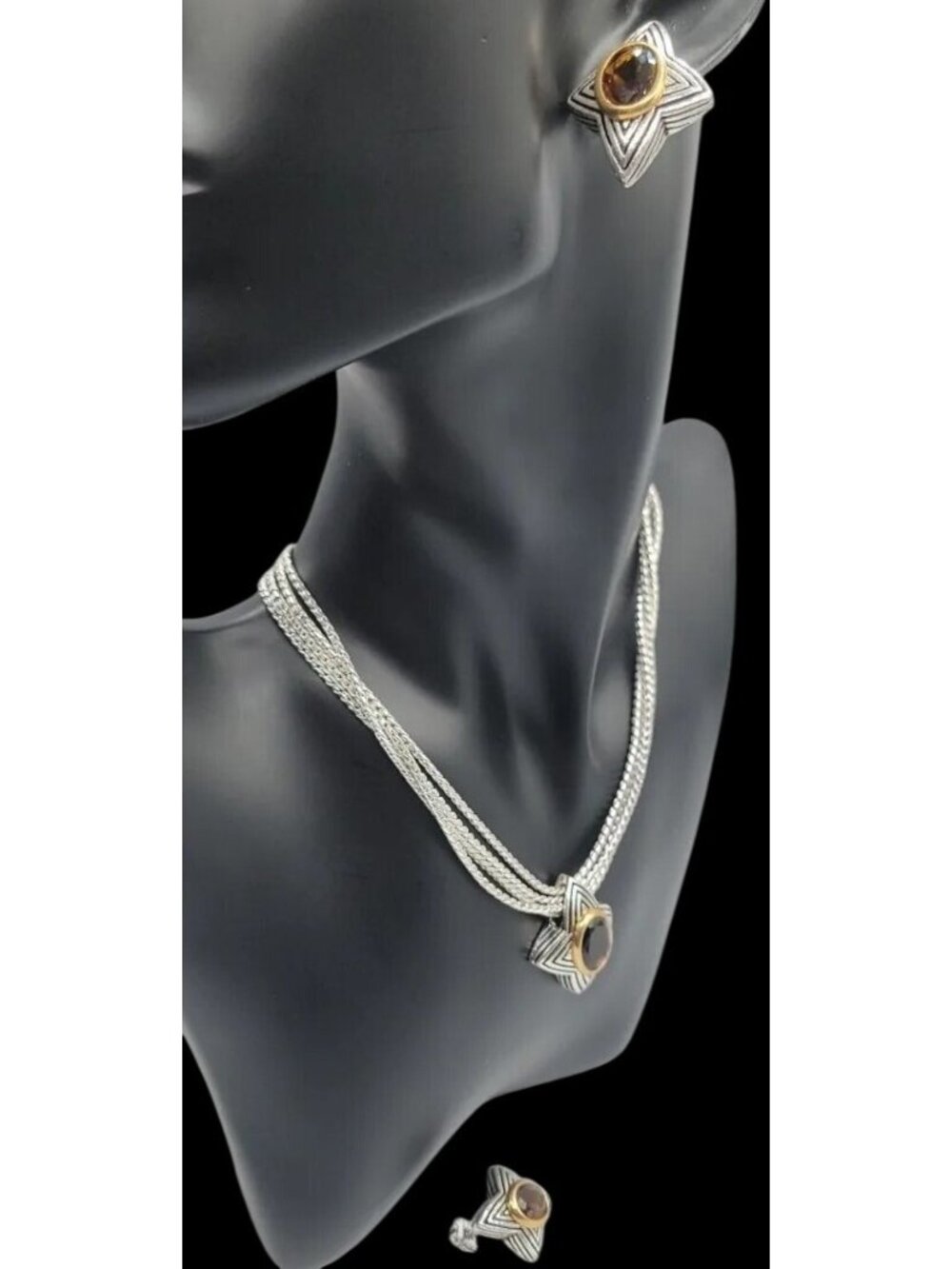 Vintage Avon Amber Star Pendant Necklace & Earrings Silver Tone 16" Chain